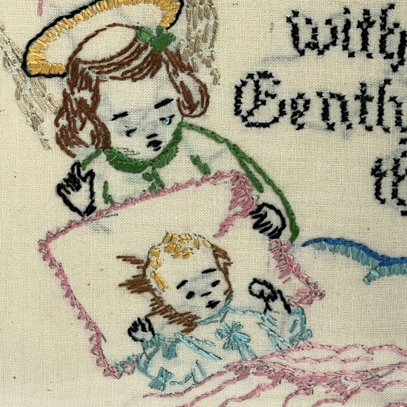 Vintage Framed Prayer Embroidered Childs Bedtime Angels Signed Dated 1940 - Picture 3 of 8